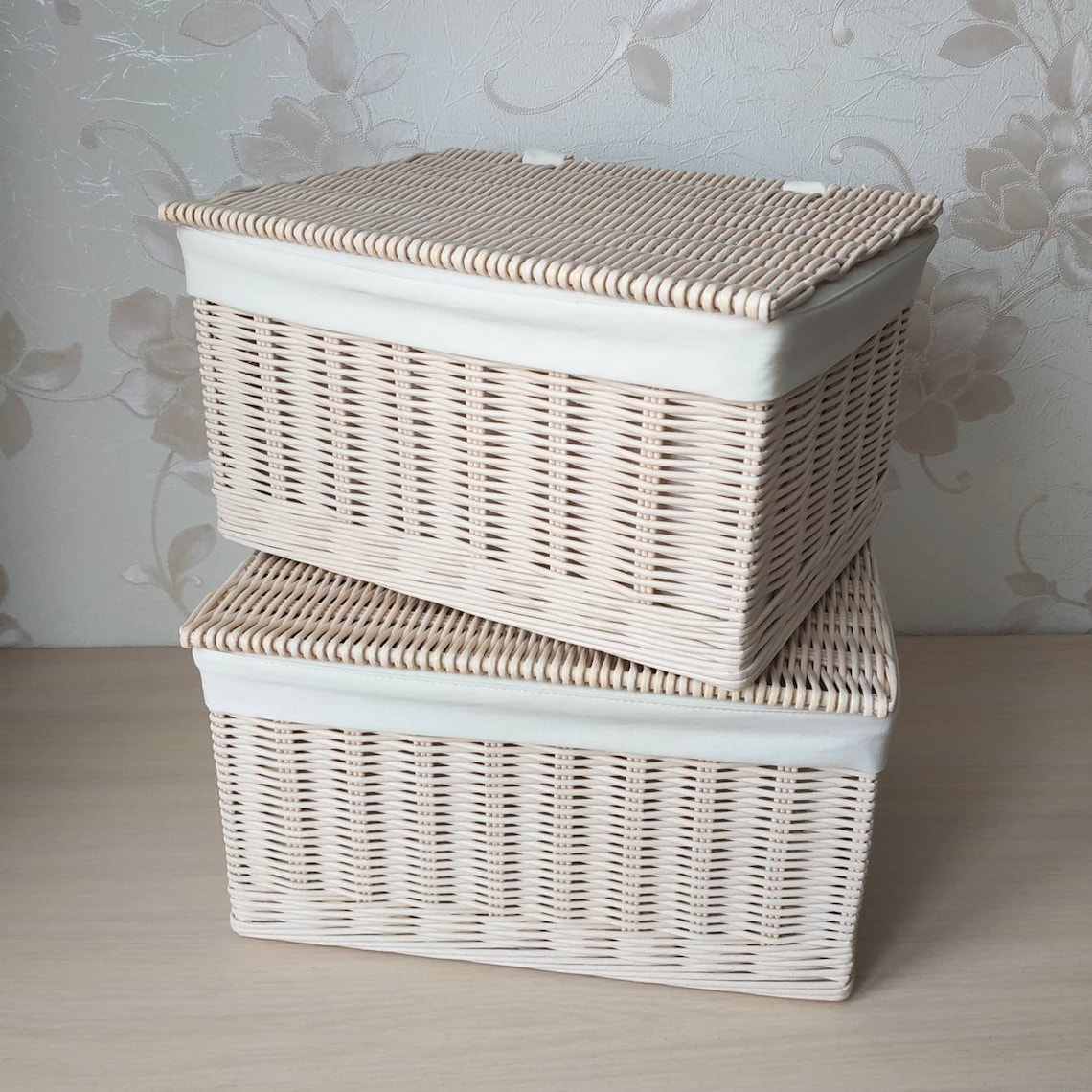 A set of Wicker beige square baskets with lid Baskets for Etsy