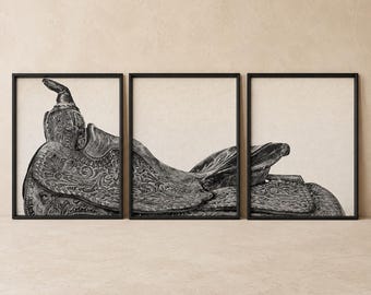 Western Saddle Trilogy Wall Art | Framed Triptych Print Set | 24 x 31.5