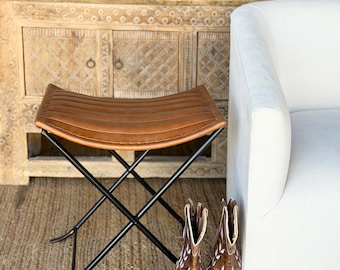 Genuine Leather Folding Stool | Caramel Upholstered Seat, Iron Frame