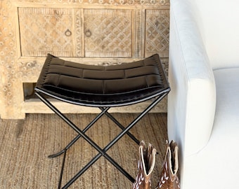 Genuine Leather Folding Stool | Black Iron Frame, Rustic Farmhouse Accent