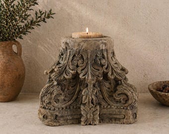 Antique Hand Carved Wood Architectural Candleholder