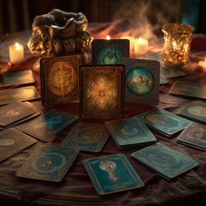 May include: A tarot card reading spread with a variety of cards laid out on a dark red table cloth. The cards are decorated with intricate designs and gold accents. There are several lit candles and a golden incense burner on the table.