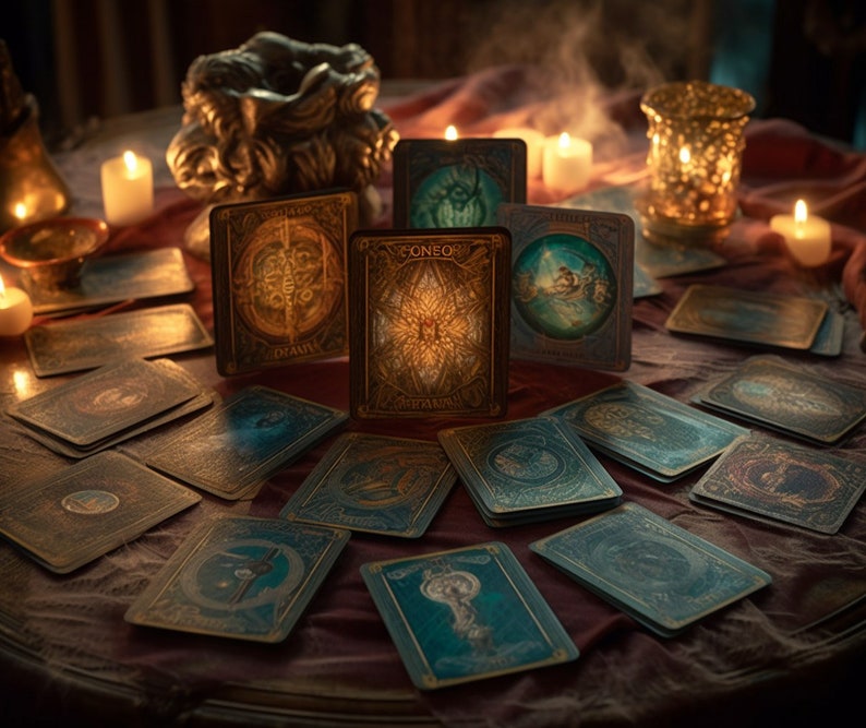 May include: A tarot card reading spread with a variety of cards laid out on a dark red table cloth. The cards are decorated with intricate designs and gold accents. There are several lit candles and a golden incense burner on the table.