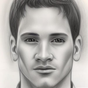 May include: A black and white pencil drawing of a man's face. The man has short, dark hair and a serious expression. His eyes are looking directly at the viewer.