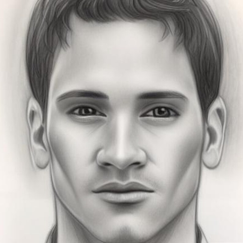 May include: A black and white pencil drawing of a man's face. The man has short, dark hair and a serious expression. His eyes are looking directly at the viewer.