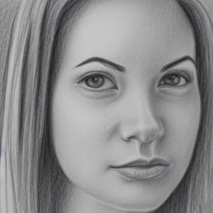 May include: A black and white pencil drawing of a woman's face. The woman has long hair, and her eyes are looking directly at the viewer.