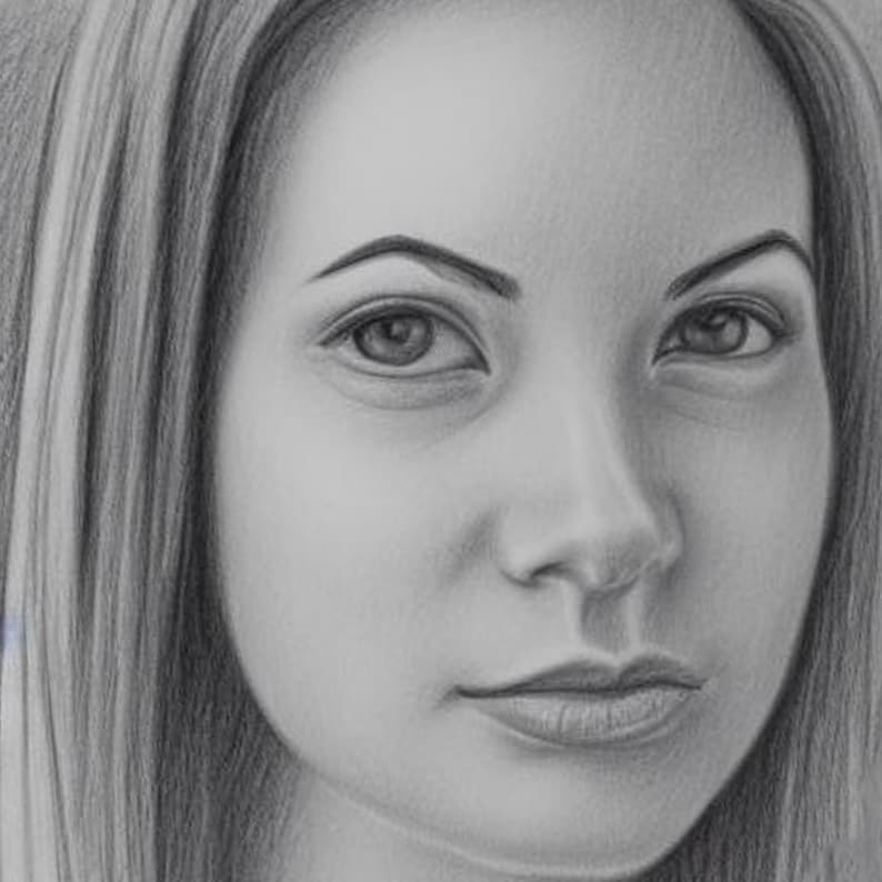May include: A black and white pencil drawing of a woman's face. The woman has long hair, and her eyes are looking directly at the viewer.