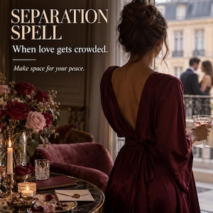 May include: A deep burgundy satin robe with a low-cut back and tie waist. Text reads: SEPARATION SPELL, When love gets crowded. Make space for your peace. The robe is worn by a person standing near a window with a view of a city building.