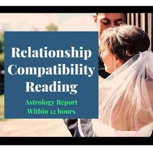 May include: A couple in wedding attire, the bride wearing a white dress and veil, the groom in a black suit. The text on the image reads "Relationship Compatibility Reading Astrology Report Within 12 hours".