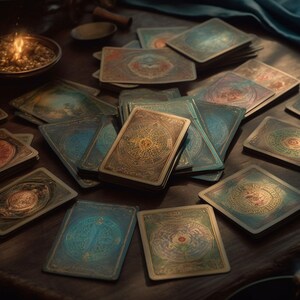 May include: A collection of tarot cards with intricate designs and gold accents on a wooden table. The cards are spread out in a random pattern, with some stacked on top of each other.