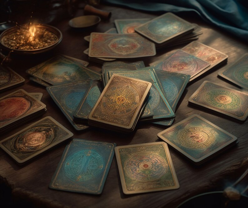 May include: A collection of tarot cards with intricate designs and gold accents on a wooden table. The cards are spread out in a random pattern, with some stacked on top of each other.