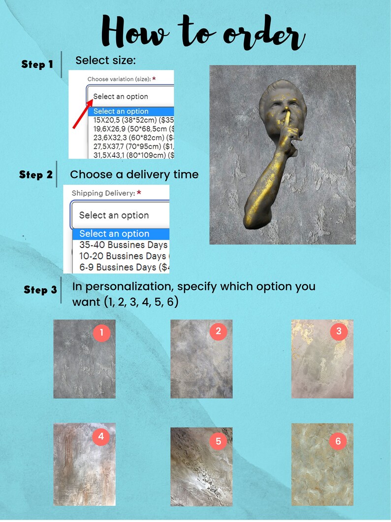 May include: How to order a custom painting. Choose a size from 15x20.5 cm to 31.5x43.1 cm. Select a delivery time of 35-40, 10-20, or 6-9 business days. Choose from six different personalisation options.