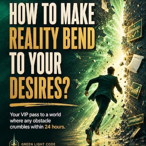 May include: A poster featuring the text HOW TO MAKE REALITY BEND TO YOUR DESIRES? and Your VIP pass to a world where any obstacle crumbles within 24 hours. A figure in a dark suit runs toward a glowing green portal breaking through a wall.