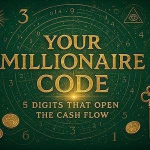 Può includere: Immagine con sfondo verde scuro con testo dorato "YOUR MILLIONAIRE CODE". L'immagine include monete d'oro, una chiave, un cristallo e numeri disposti in un motivo circolare. È presente anche il testo "5 DIGITS THAT OPEN THE CASH FLOW".