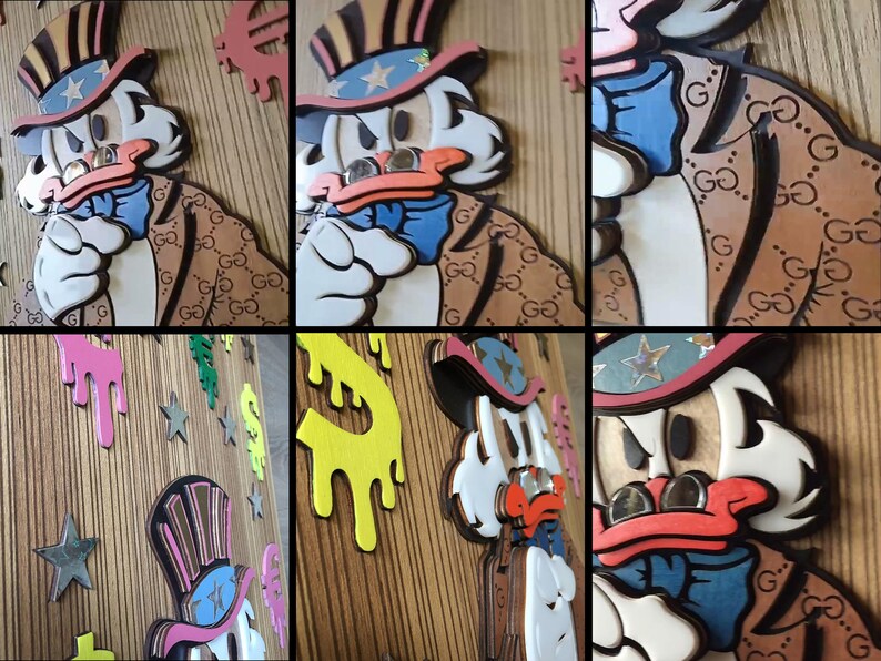 May include: A wooden wall art piece featuring a cartoon Uncle Sam character with a white beard and a blue bow tie. The character is wearing a red, white, and blue hat and a brown jacket with a Gucci pattern. The background is a wooden panel with a dripping paint effect in pink, yellow, and green.
