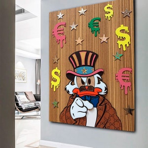 May include: A cartoon duck wearing a red, white, and blue hat with stars and a blue bow tie. The duck is pointing at the viewer with a serious expression. The background is a wooden panel with dollar signs, euro signs, and stars in various colors.