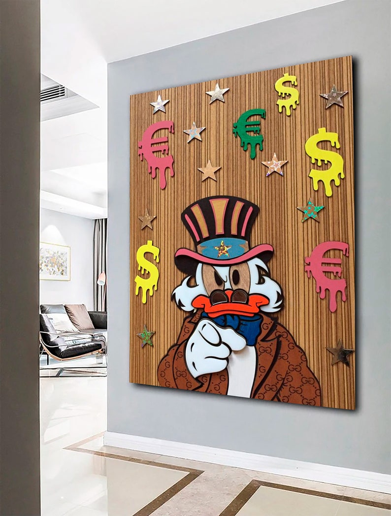 May include: A cartoon duck wearing a red, white, and blue hat with stars and a blue bow tie. The duck is pointing at the viewer with a serious expression. The background is a wooden panel with dollar signs, euro signs, and stars in various colors.