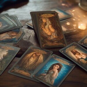 May include: A spread of tarot cards on a wooden table. The cards feature illustrations of people and mystical imagery. The cards are arranged in a circle with a single card in the center.