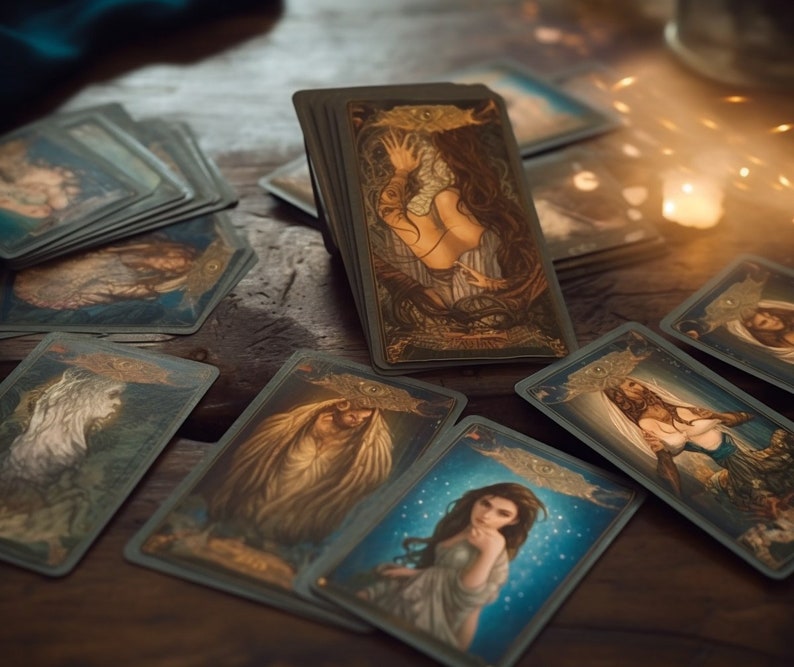 May include: A spread of tarot cards on a wooden table. The cards feature illustrations of people and mystical imagery. The cards are arranged in a circle with a single card in the center.