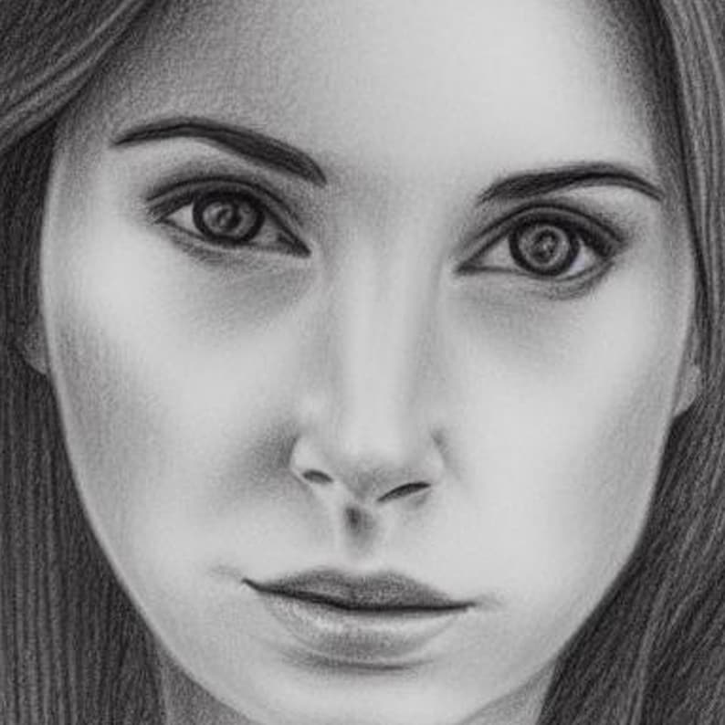 May include: A black and white pencil drawing of a woman's face. The woman has long dark hair, dark eyebrows, and dark eyes. Her lips are slightly parted.