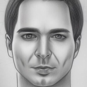 May include: A black and white pencil drawing of a man's face. The man has short, dark hair, a straight nose, and a neutral expression.