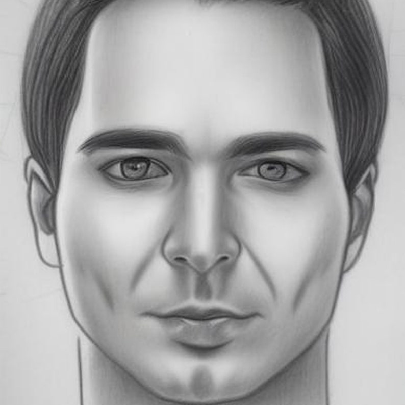 May include: A black and white pencil drawing of a man's face. The man has short, dark hair, a straight nose, and a neutral expression.