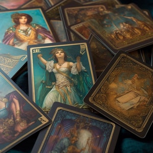 May include: A set of tarot cards with intricate designs and gold accents. The cards feature illustrations of people and scenes, with a focus on a woman in a flowing gown. The cards are laid out on a green surface.