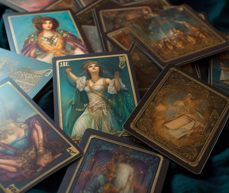May include: A set of tarot cards with intricate designs and gold accents. The cards feature illustrations of people and scenes, with a focus on a woman in a flowing gown. The cards are laid out on a green surface.