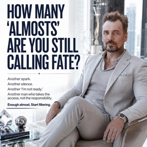 May include: A light gray blazer and matching trousers worn by a person with a beard. The text reads: FUTURE HUSBAND MEETING CODE. HOW MANY 'ALMOST' ARE YOU STILL CALLING FATE? Another spark. Another silence. Another 'I'm not ready.' Enough almost. Start filtering.