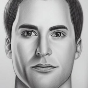 May include: A black and white pencil drawing of a man's face. The drawing is realistic and shows the man's facial features in detail.