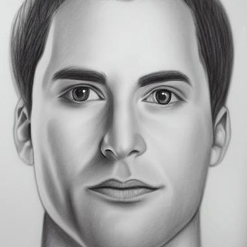 May include: A black and white pencil drawing of a man's face. The drawing is realistic and shows the man's facial features in detail.