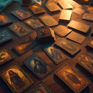May include: A spread of tarot cards on a wooden table. The cards feature illustrations of people and symbols. The cards are arranged in a circular pattern.