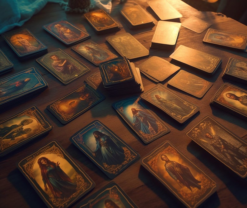 May include: A spread of tarot cards on a wooden table. The cards feature illustrations of people and symbols. The cards are arranged in a circular pattern.