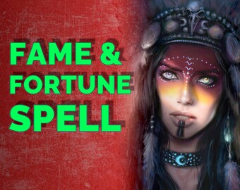 Pode incluir: Uma representação artística de uma mulher com maquiagem marcante e um cocar de penas. O texto "FAME & FORTUNE SPELL" é exibido em letras verde brilhante sobre um fundo vermelho texturizado. Os olhos da mulher são cativantes.