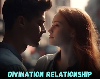May include: A couple looking at each other with the text "DIVINATION RELATIONSHIP" in the foreground.