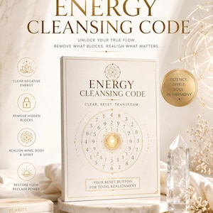 Peut inclure: Un livre rectangulaire intitulé Energy Cleansing Code avec un tableau de chiffres circulaire doré sur la couverture. Le texte indique Reset. Release. Realign. Clear. Reset. Transform. Your reset button for total realignment. Cleanse the code. Change everything.