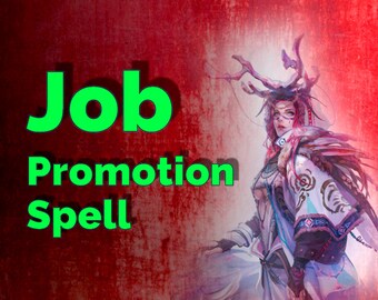May include: A digital illustration of a woman with pink hair wearing a white and blue outfit with antlers on her head. The text "Job Promotion Spell" is written in green letters on a red background.