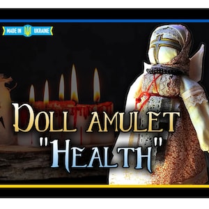 May include: A white fabric doll amulet with a red and white embroidered dress, a white head covering with a cross, and a red string tied around the waist. The doll is in front of a dark background with four lit candles. The text "Doll Amulet "Health"" is written in gold letters on the image.