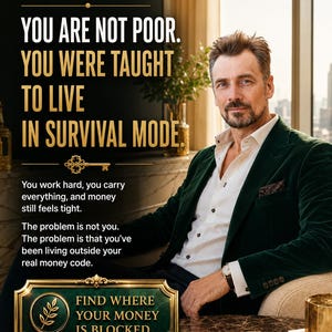 Può includere: Una persona con blazer in velluto verde scuro e camicia bianca siede vicino a un tavolo con una tazza da tè. Il testo recita: MILLIONAIRE CODE, YOU ARE NOT POOR. YOU WERE TAUGHT TO LIVE IN SURVIVAL MODE. FIND WHERE YOUR MONEY IS BLOCKED.