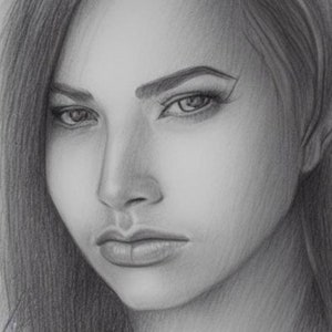 May include: A black and white pencil drawing of a woman's face. The woman has long dark hair and is looking down with a serious expression. Her eyes are closed and her lips are slightly parted.
