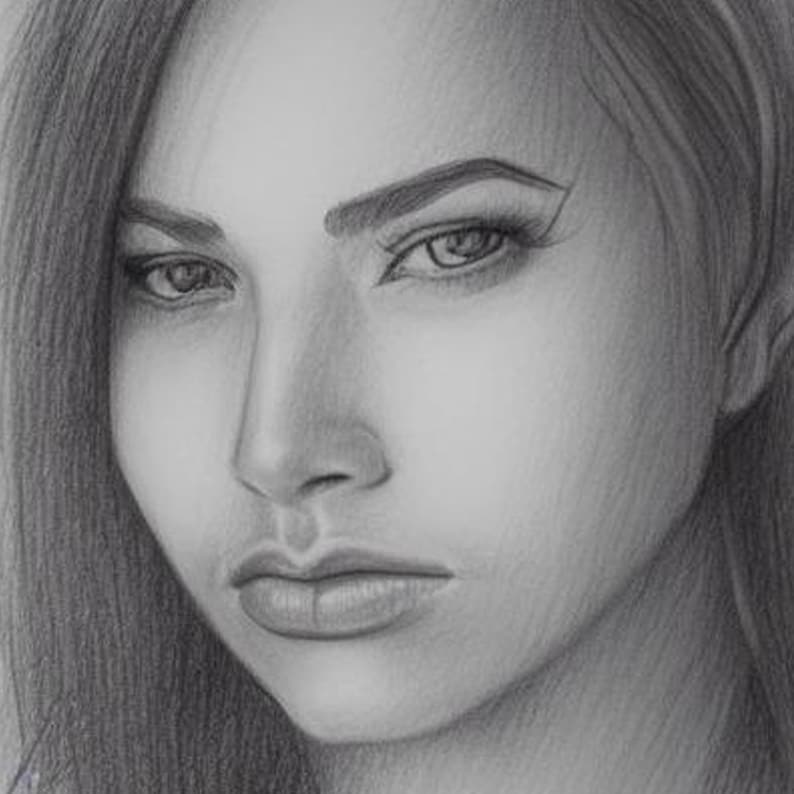 May include: A black and white pencil drawing of a woman's face. The woman has long dark hair and is looking down with a serious expression. Her eyes are closed and her lips are slightly parted.