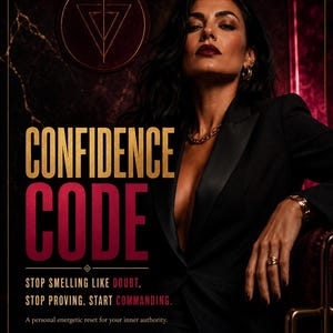 May include: A person with dark hair and dark lipstick wears a black blazer, gold chain necklace, and gold ring. The text reads: CONFIDENCE CODE, STOP SMELLING LIKE DOUBT. STOP PROVING. START COMMANDING. A personal energetic reset for your inner authority.