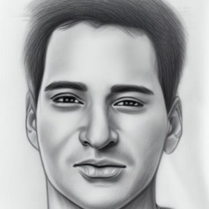 May include: A black and white pencil drawing of a person's face. The person has short, dark hair and is looking directly at the viewer. The drawing is detailed and realistic.
