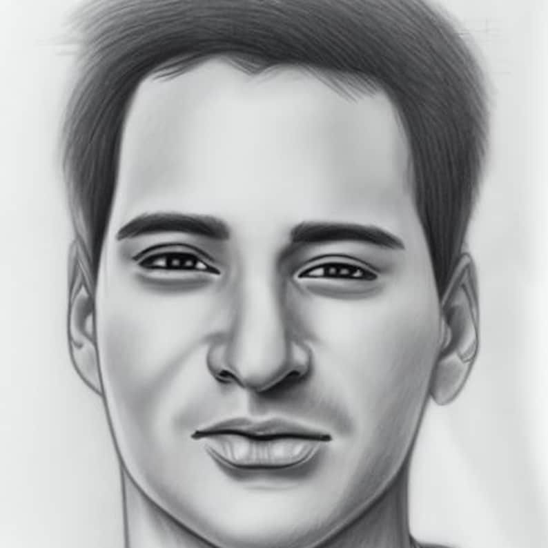 May include: A black and white pencil drawing of a person's face. The person has short, dark hair and is looking directly at the viewer. The drawing is detailed and realistic.