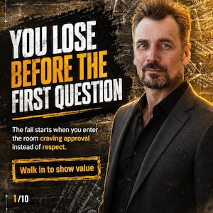 May include: A digital graphic featuring a man in a dark blazer and black shirt. Text reads: before the interview, YOU LOSE BEFORE THE FIRST QUESTION, The fall starts when you enter the room craving approval instead of respect, Walk in to show value, 1/10.