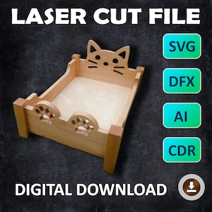 Op de afbeelding: Lasergesneden bestand voor een kattenbed. Het bed is gemaakt van hout en heeft een kattengezichtontwerp op het hoofdeinde. Het bestand is beschikbaar in de formaten SVG, DFX, AI en CDR. DIGITALE DOWNLOAD.