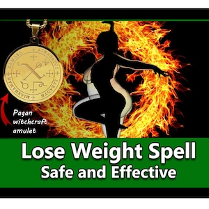 May include: A gold amulet with a symbol and the text "ATHAN&Alpha;&Tau;&Omicron;&Sigma; + XAMAЕЛ + &Sigma;&Alpha;&Beta;&Alpha;&Omicron;&Tau;&Eta;" surrounded by flames. The text "Pagan witchcraft amulet" is below the amulet. The text "Lose Weight Spell Safe and Effective" is below the amulet and flames.