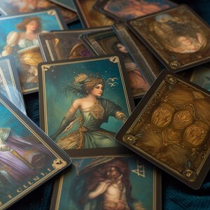 May include: A set of tarot cards with intricate designs and gold accents. The cards feature illustrations of people, animals, and symbols. The cards are arranged in a fan shape on a blue surface.