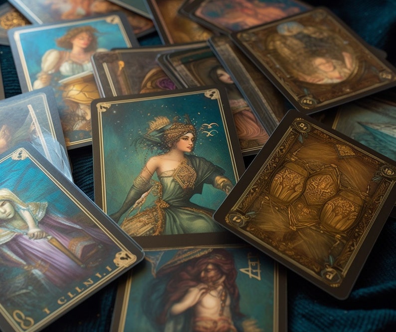 May include: A set of tarot cards with intricate designs and gold accents. The cards feature illustrations of people, animals, and symbols. The cards are arranged in a fan shape on a blue surface.