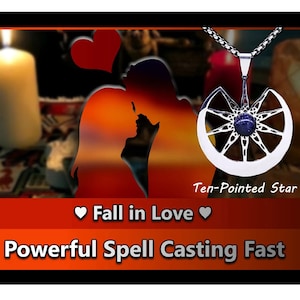 May include: A silver pendant with a ten-pointed star design and a blue gemstone in the center. The pendant is hanging from a silver chain. The image also includes a silhouette of two people embracing, with a red heart above them. The text "Fall in Love" is written in red below the silhouette. The text "Powerful Spell Casting Fast" is written in white below the text "Fall in Love".